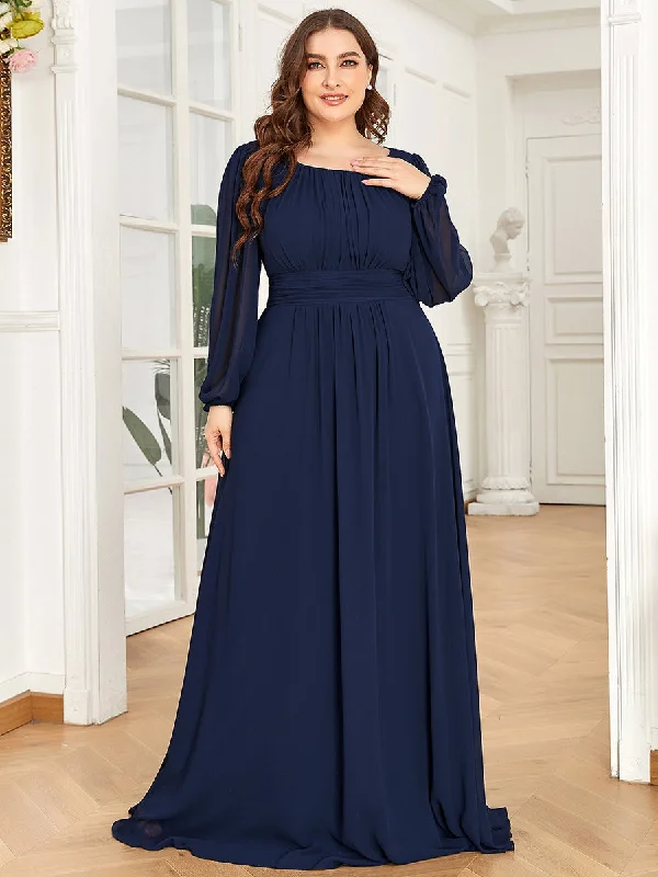 Boho - Chic Festival - Ready Style Plus Size Round Neck Wholesale Bridesmaid Dresses with Long Lantern Sleeves