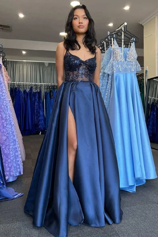 Boho - Chic Festival - Ready Style Navy Satin Lace V-Neck A-Line Long Prom Dress with Slit Y6220