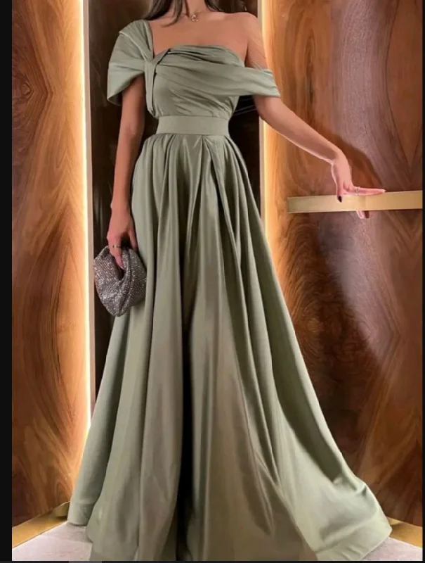 Elegant Style A-line Sage Satin Asymmetrical Neckline Evening Dress Y5345