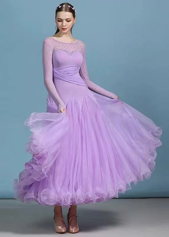 Elevate Your Wardrobe Modern Purple Zircon Tulle Patchwork Exra Large Hem Dance Dress Long Sleeve