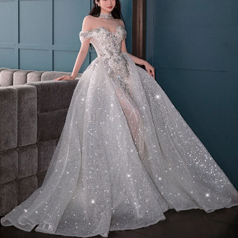 End Of Season Sale Sparkly Convertible Wedding Dress with Detachable Train