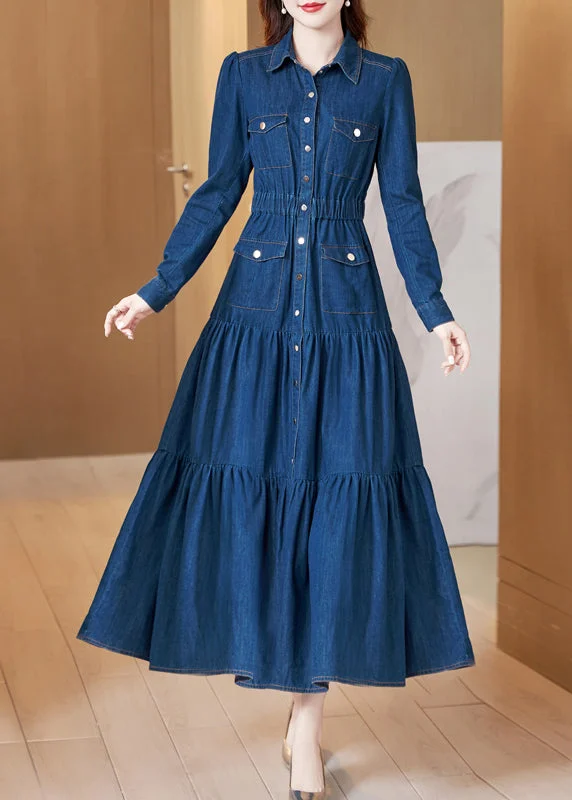 Rustic Countryside Charm Look Classy Blue Peter Pan Collar Wrinkled Patchwork Denim Dress Long Sleeve