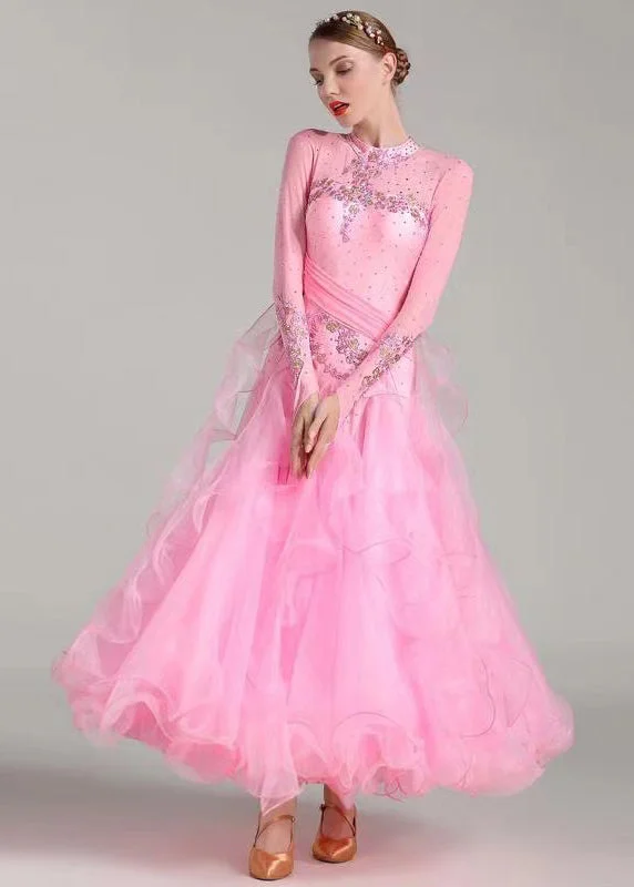 Summer Fashion Original Pink Embroideried Zircon Tulle Patchwork Dance Dress Long Sleeve