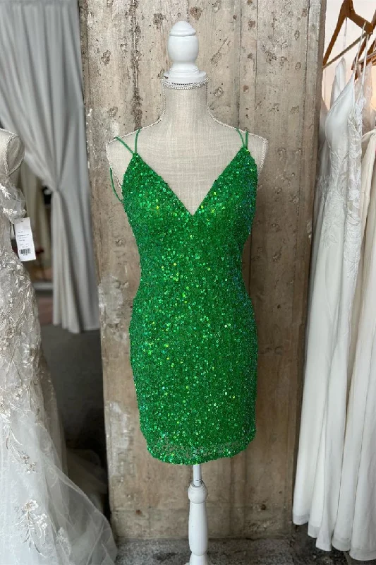 Grab Romantic Date - Night Styles Now Green Sequin Bodycon Mini Dress with Straps      S3494