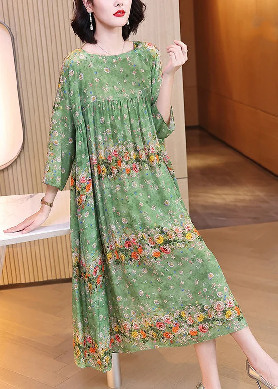 Limited - Time Bundle Handmade Green Print Wrinkled Patchwork Silk Long Dress Long Sleeve