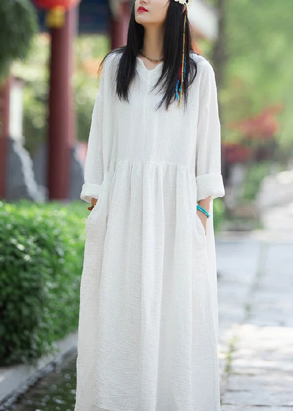 Trend Alert Simple White V Neck Pockets Patchwork Cotton Dress Long Sleeve