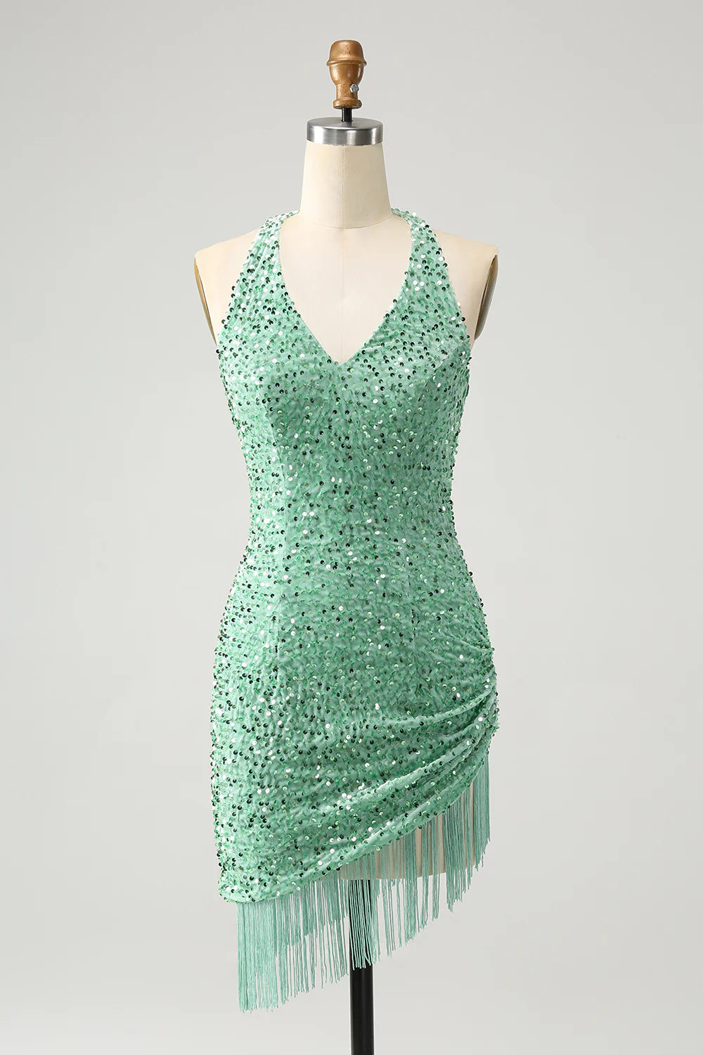 Trendy Styles Amzcw Glitter Sage Bodycon Halter Sequin Short Homecoming Dress with Tassels