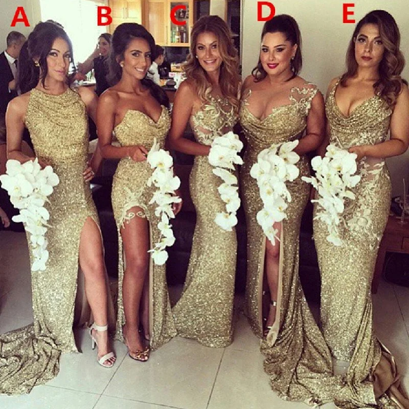 Exclusive Discount Sparkly Mismatched Gold Side-split Mermaid Long Bridesmaid Dress, WG86