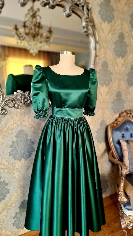 Wardrobe Refresh Modest Green Satin Midi-length Prom Dress,Green Party Dress  Y4969