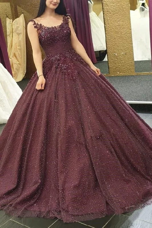 Hot Styles Burgundy Long Formal Ball Gown Prom Dresses With Lace Applique    cg22217