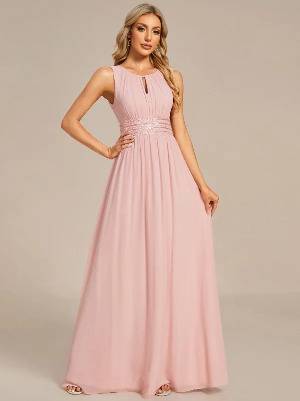 Rustic Countryside Charm Look Maxi Long Chiffon Hollow Round Neck Decor Bridesmaids Dress