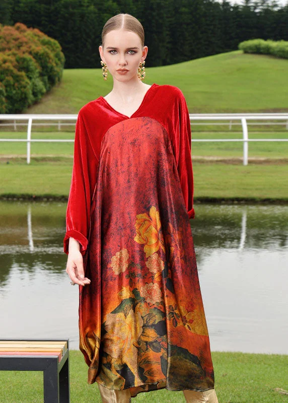 Great Prices On Feminine Styles Plus Size Red Silk Velour Patchwor Print Long Dresses Long Sleeve