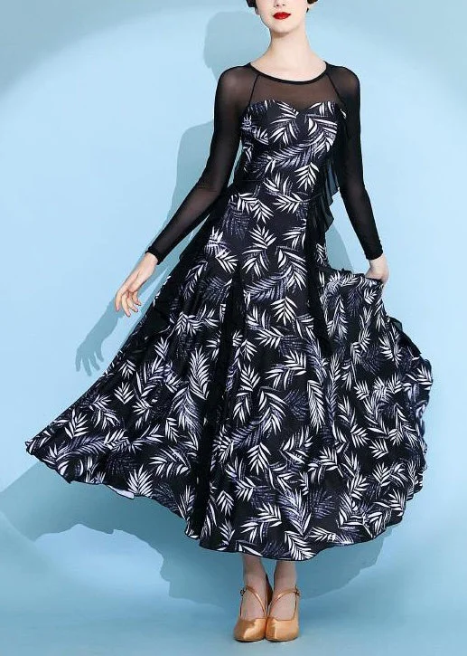 Stylish Looks Black Tulle Patchwork Chiffon Long Dresses O Neck Long Sleeve