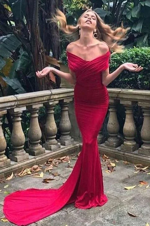 Fashionista Favorites Mermaid Prom Dresses,Off-the-Shoulder Prom Gown, Ruched Prom Dress,Red Prom Dress,Spandex Prom Dresses   cg5585