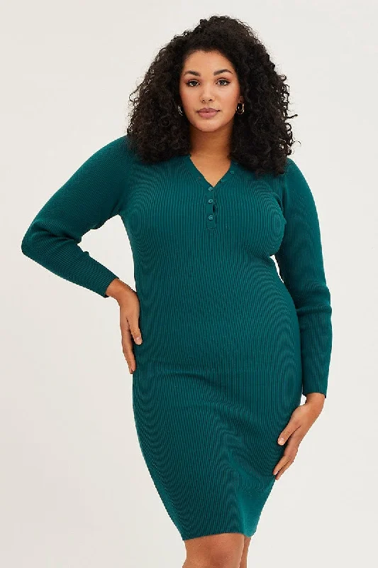 Chic Style Blue Midi Knit Bodycon Dress V-neck Long Sleeve