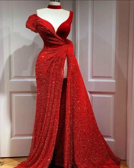 Exclusive Discount Red Evening Dresses Glitter Beads A Line Formal Prom Gowns High Split Party Dress Plus Size Women Gowns         cg23267