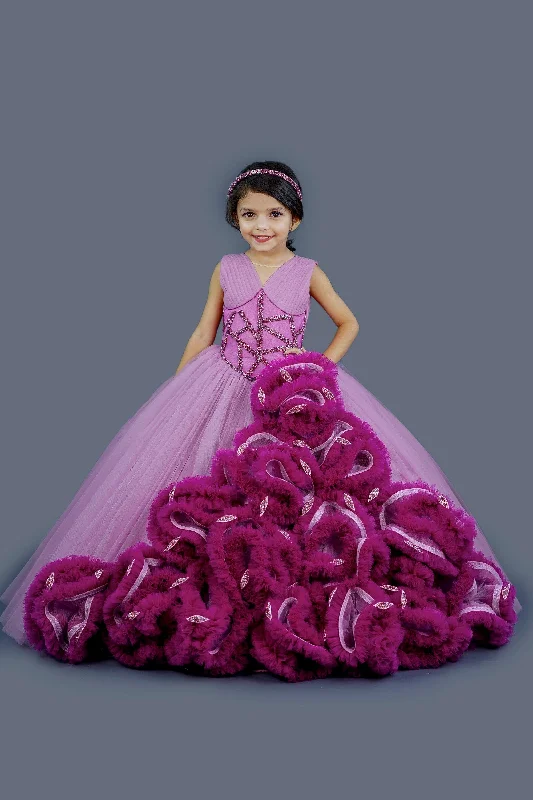 Now On Sale For Chic Urban Styles Pre-Order: Lilac with deep magenta combo couture gown with frill details