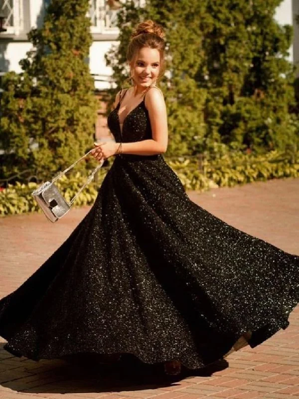 Pastel Styles Shiny V Neck Backless Black Long Prom Dresses, Open Back Black Formal Evening Dresses, Sparkly Black Ball Gown       cg22562