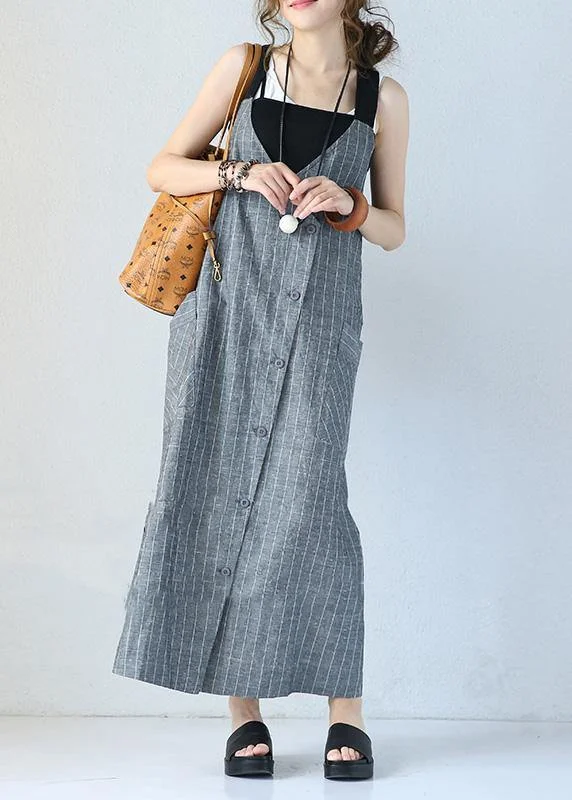 Wardrobe Update Unique gray striped linen dresses Single-breasted Maxi sleeveless Dress