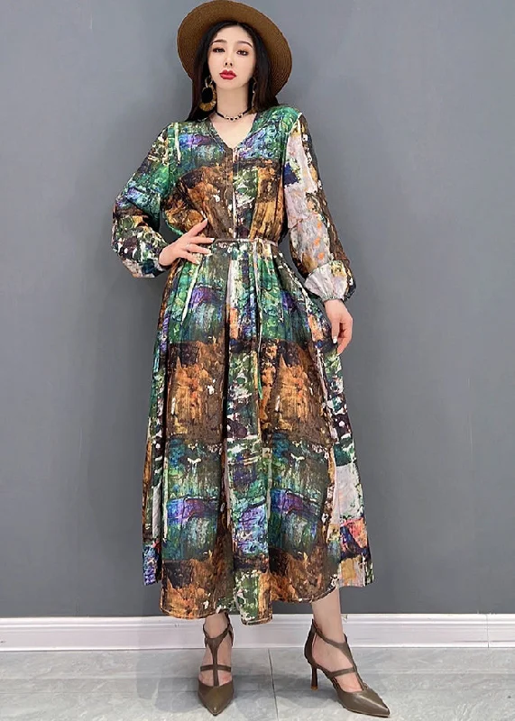 Buy More, Save More Plus Size Colorblock V Neck Print Tie Waist Chiffon Holiday Dress Long Sleeve