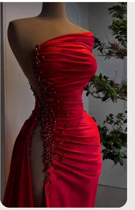 Great Deals On Ethnic Cultural Wear Red Asymmetrical Neckline Satin Pleated High Slit Evening Dress Charming Formal Gown Y379