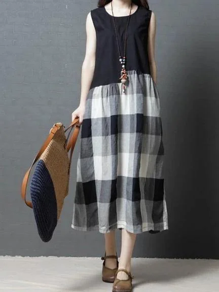 Summer Essentials Simple black patchwork Plaid linen Tunic sleeveless Knee Dress