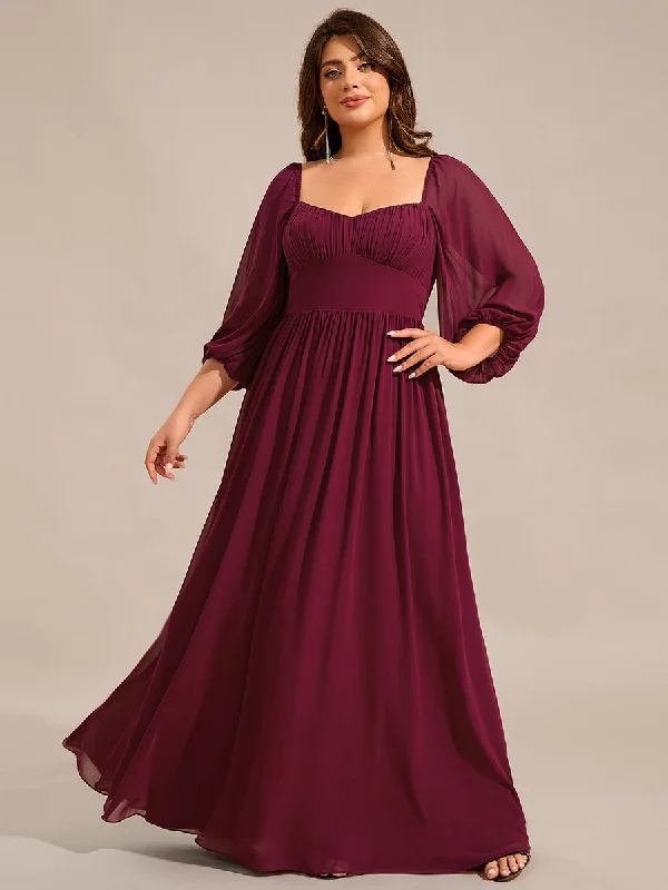 Tropical Island - Inspired Attire Plus Size Graceful Sweetheart 3/4 Lantern Sleeve Chiffon Bridesmaid Dresses with Frenulum knotting