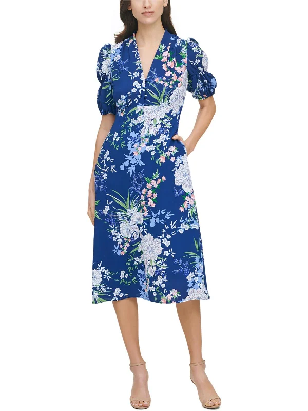 Spring Fashion Plus Womens Floral Puff Sleeve Midi Dress