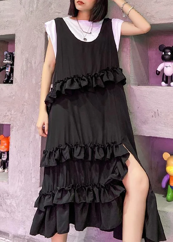 Chic Styles Natural black sleeveless cotton quilting dresses ruffles Art summer side open Dress