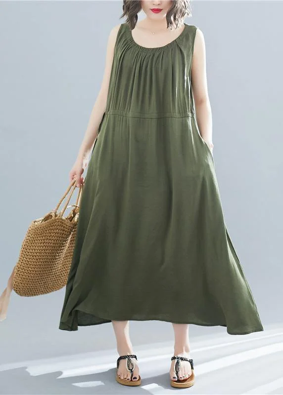 Big Savings On Minimalist Office Styles Elegant o neck sleeveless cotton Tunics Wardrobes army green Dress summer