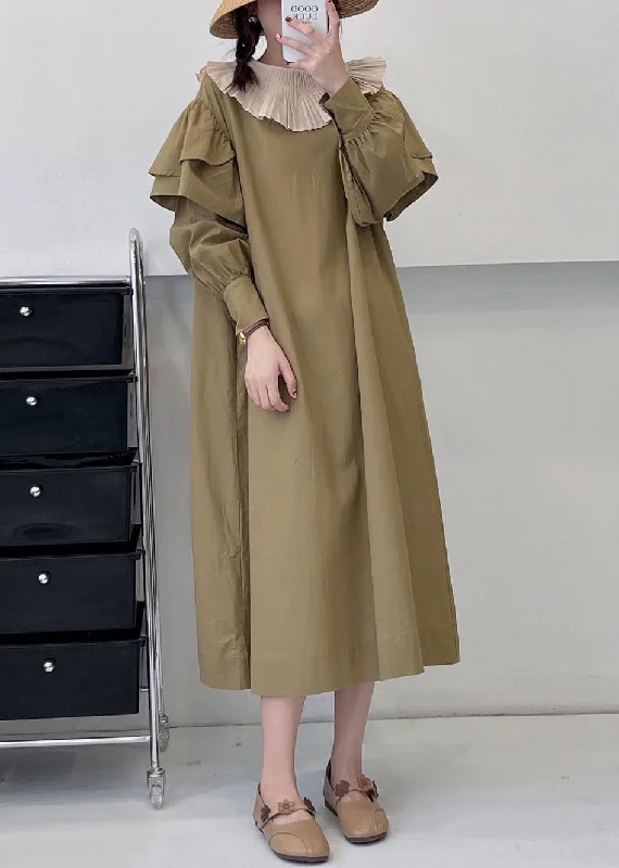 Chic Styles Loose Khaki Ruffled Tie Waist Cotton Dress Long Sleeve