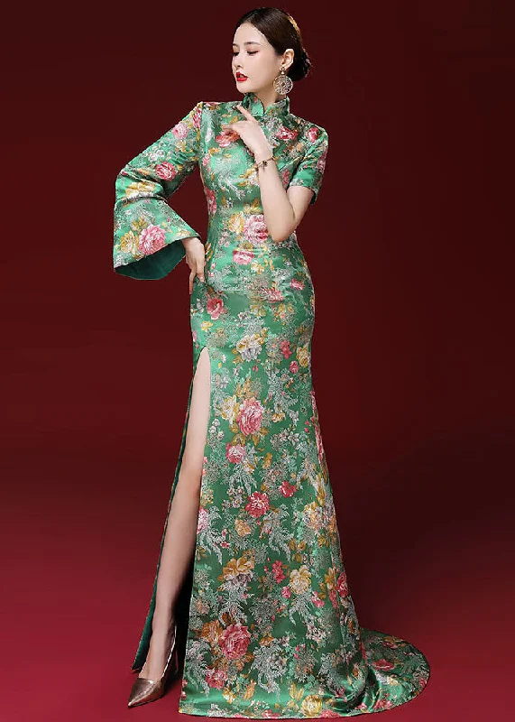 Beat The Heat In Tropical Styles Dinner Green Stand Collar Print Side Open Silk Long Vestidos Long Sleeve