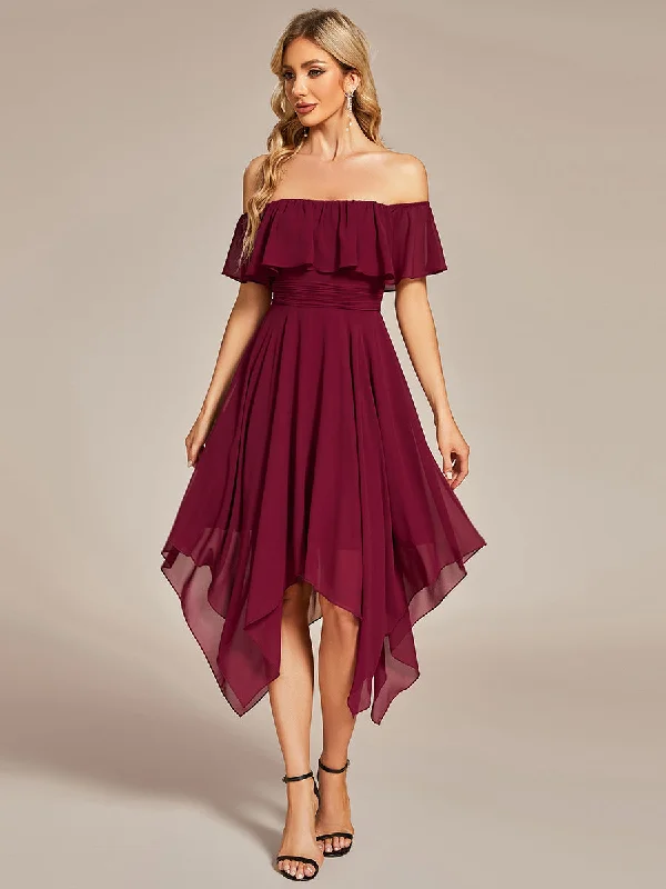 Grab Romantic Date - Night Styles Now Off Shoulder Asymmetrical Hem Wholesale Chiffon Bridesmaid Dresses