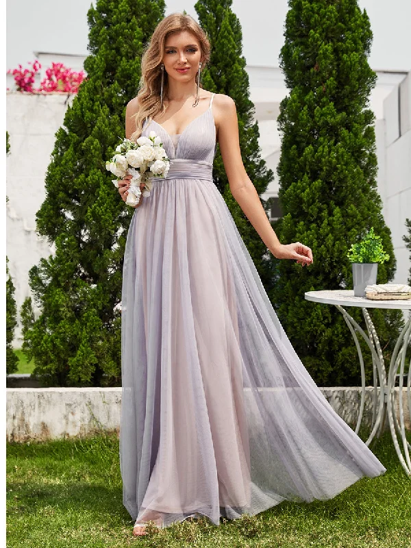 Great Prices On Feminine Styles Simple Deep V Neck See-Through Empire Waist Tulle Dresses Spaghetti Straps Backless A-Line Bridesmaids Dress