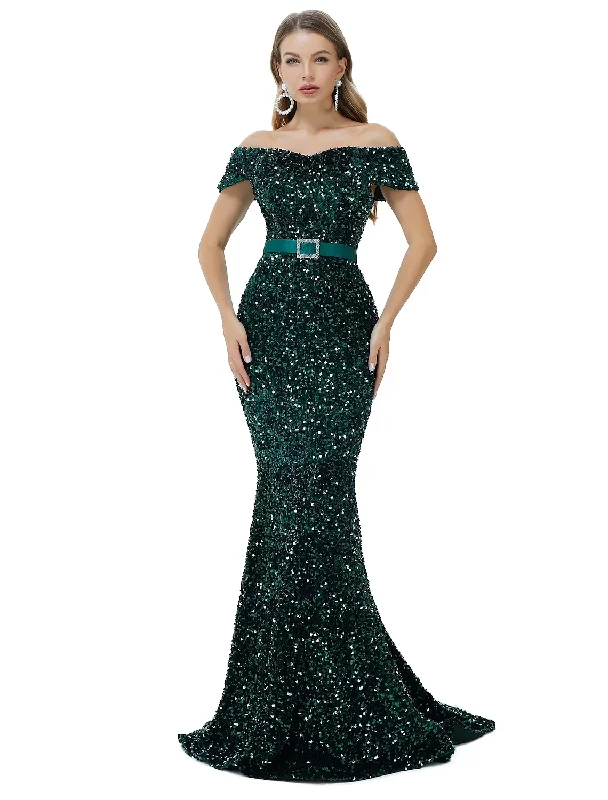 Exclusive Discount Mermaid / Trumpet Sparkle bodycon Engagement Formal Evening Dress Off Shoulder Cowl Back Sleeveless Court Train Sequined with Sequin