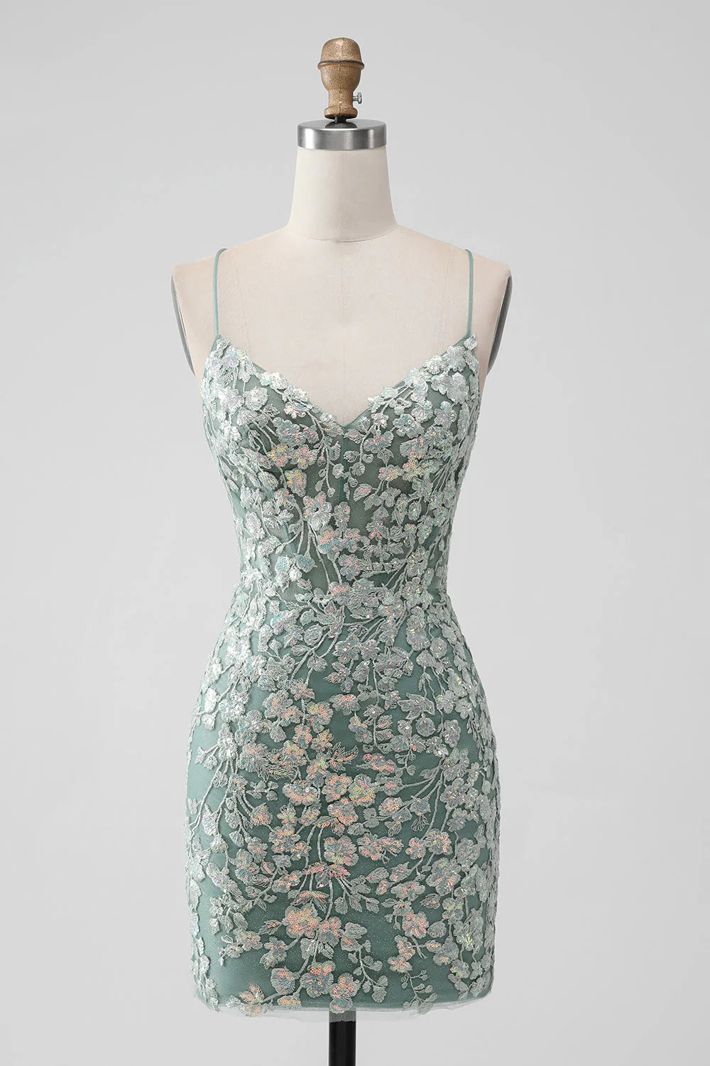 Coastal Beach - Inspired Style Amzcw Grey Green Bodycon Lace-up Back Short Homecoming Dress with Sequin Appliqued