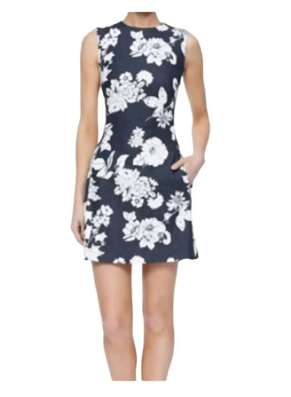 Now On Sale For Chic Urban Styles Floral Print Chambray Dress In Blu