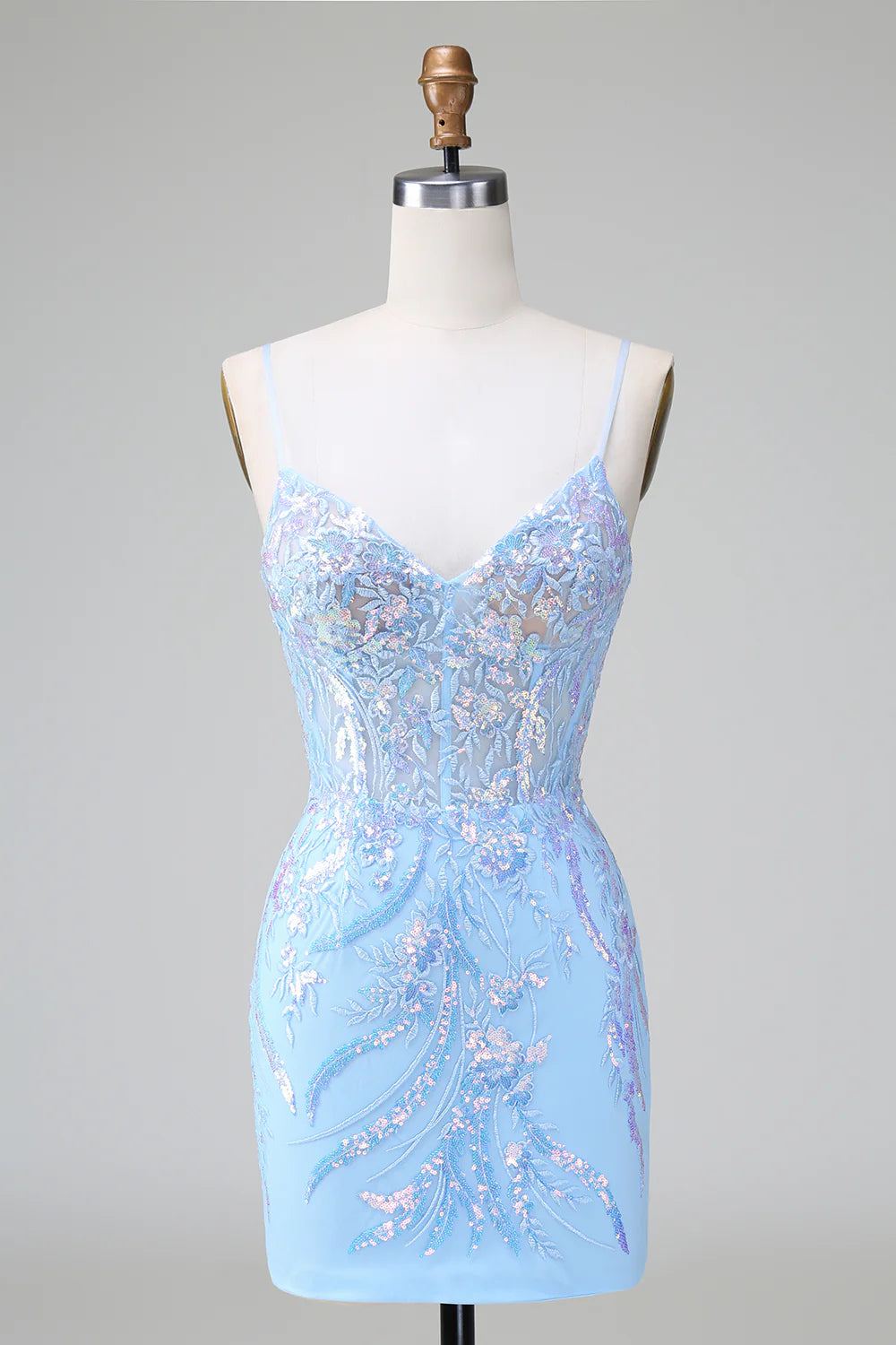 Season Sale Amzcw Sparkly Blue Bodycon Spaghetti Straps Corset Short Homecoming Dress with Sequins