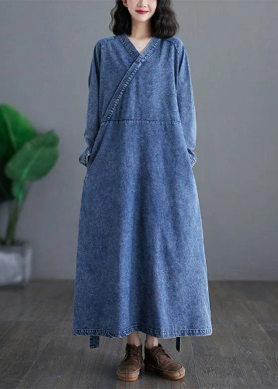 Mother'S Day Special Handmade Denim Blue V Neck Patchwork Tie Waist Party Long Dress Long Sleeve