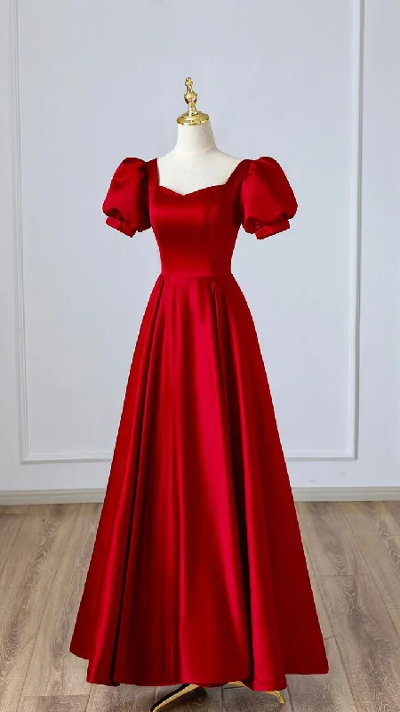 Latest Trends Red Satin Long Prom Dress, Simple A-Line Short Sleeve Evening Party Dress Y5504