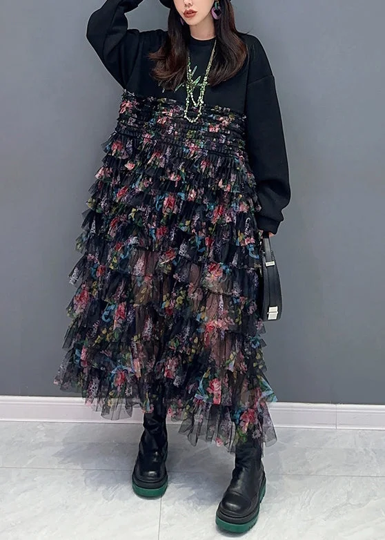 Style Upgrade Beautiful Black Print Chiffon Patchwork Dresses Long Sleeve