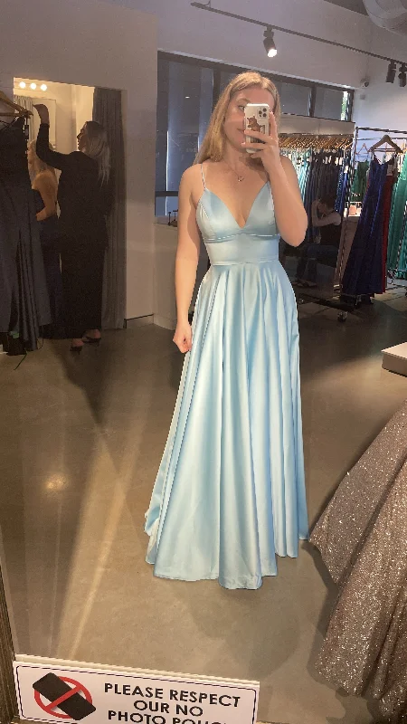 Hollywood Glam Award - Show Style Classic Blue Spaghetti Straps V Neck Prom Dress,Blue Satin Graduation Dress Y4791