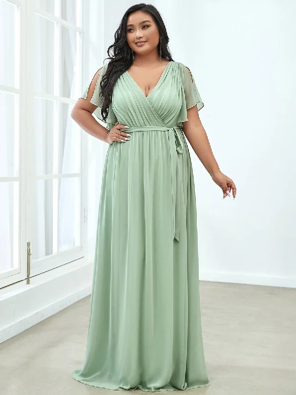 Big Savings On Rustic Countryside Styles A Line Plus Size Wholesale Bridesmaid Dresses with Deep V Neck Ruffles Sleeves