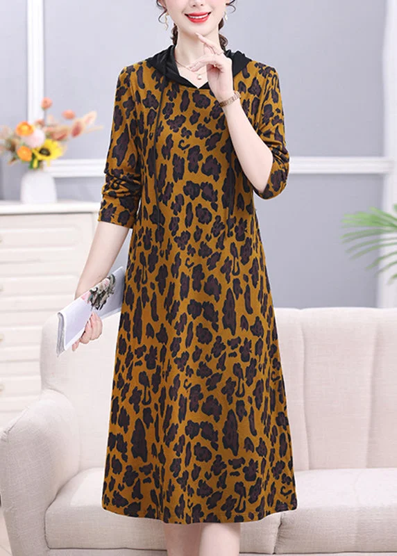 Spring Fling Sale Bohemian Leopard Peter Pan Collar Print Drawstring Hooded Long Dress Long Sleeve