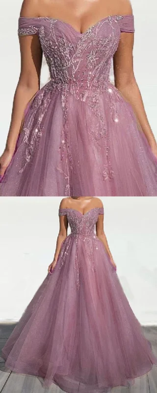 Spring Fashion Mauve prom dresses princess off the shoulder tulle appliques ball gown for women    cg22553