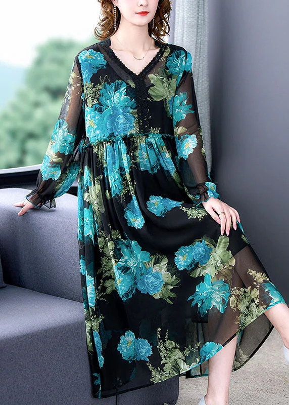 Limited Quantities Italian Blue V Neck Ruffled Print Patchwork Chiffon Mid Dress Long Sleeve