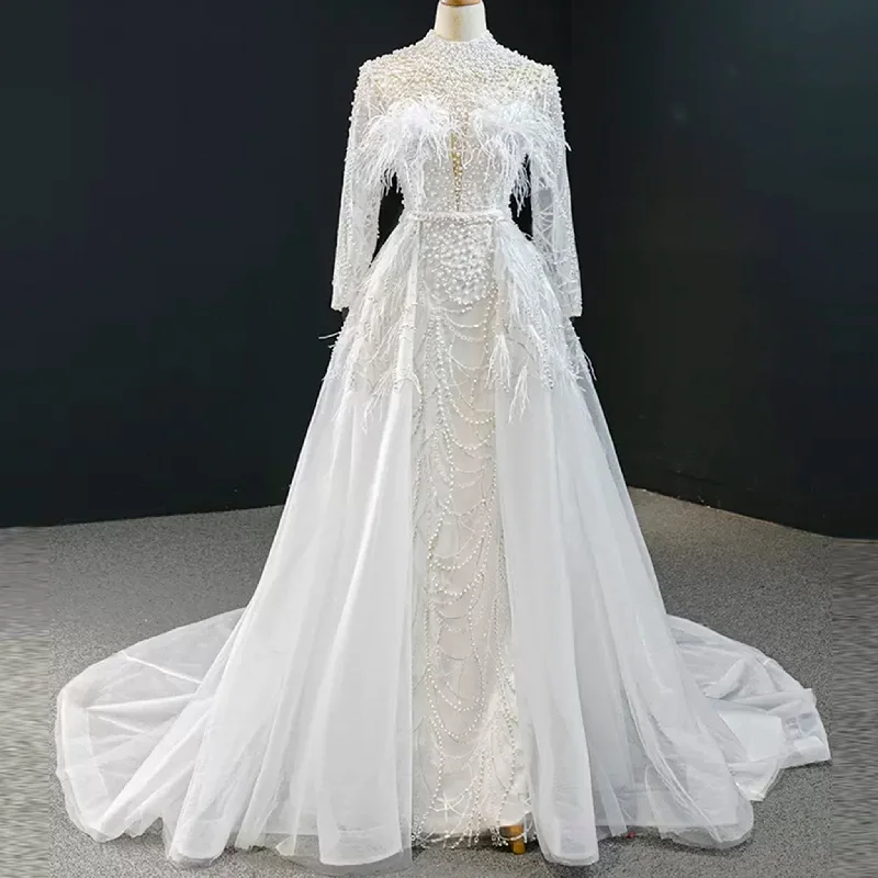 Update With Cottagecore Styles Gorgeous Pearls Ostrich Wedding Dress with Detachable Skirt