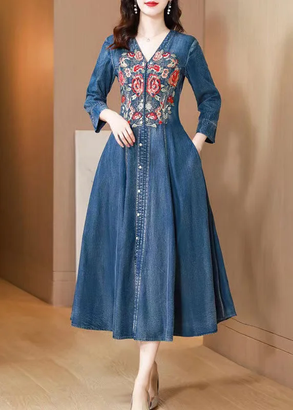 Summer Fashion Natural Blue V Neck Embroidered Patchwork Denim Dress Long Sleeve