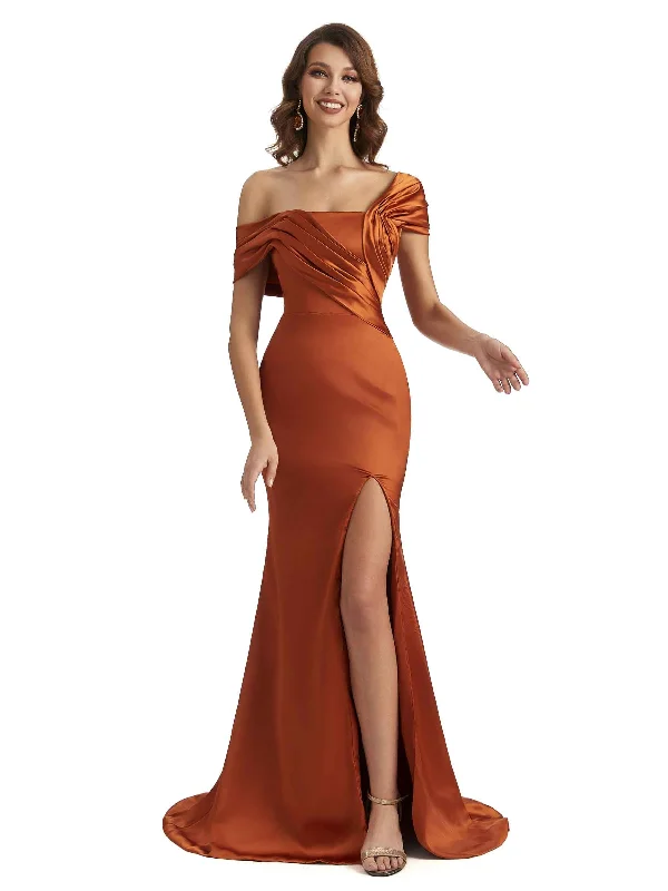 Rustic Countryside Charm Look Asymmetrical Sexy Side Slit Mermaid Silky Satin Unique Long Wedding Guest Dresses