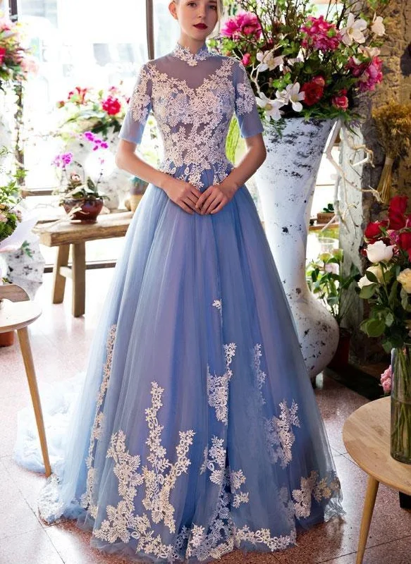 Fashion Deal Blue Lace Short Sleeves Long Tulle Sweet 16 Gown, Blue Quinceanera Prom Dresses         cg23263